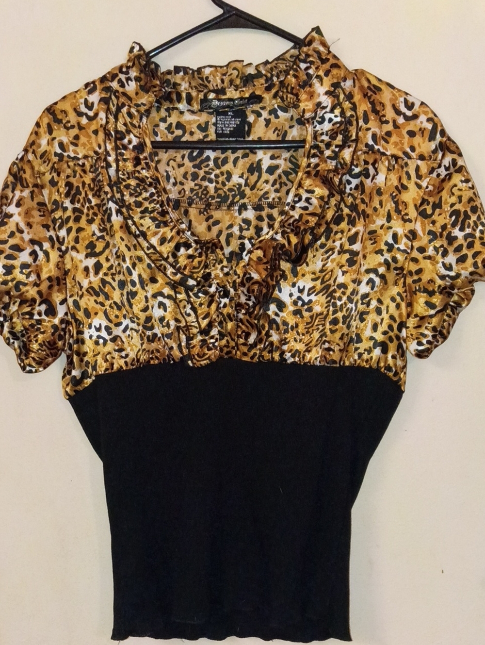 Destiny Gold Leopard Print Ruffle V-Neck Colorblock Top Size XL